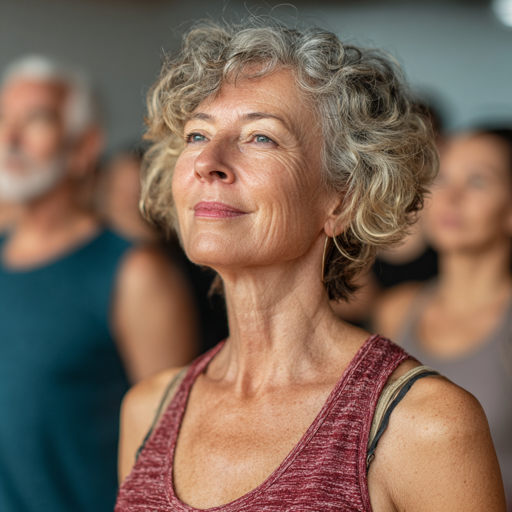 Група людей віком 50-60 років бере участь у груповому фітнес-занятті, демонструючи активний та здоровий спосіб життя