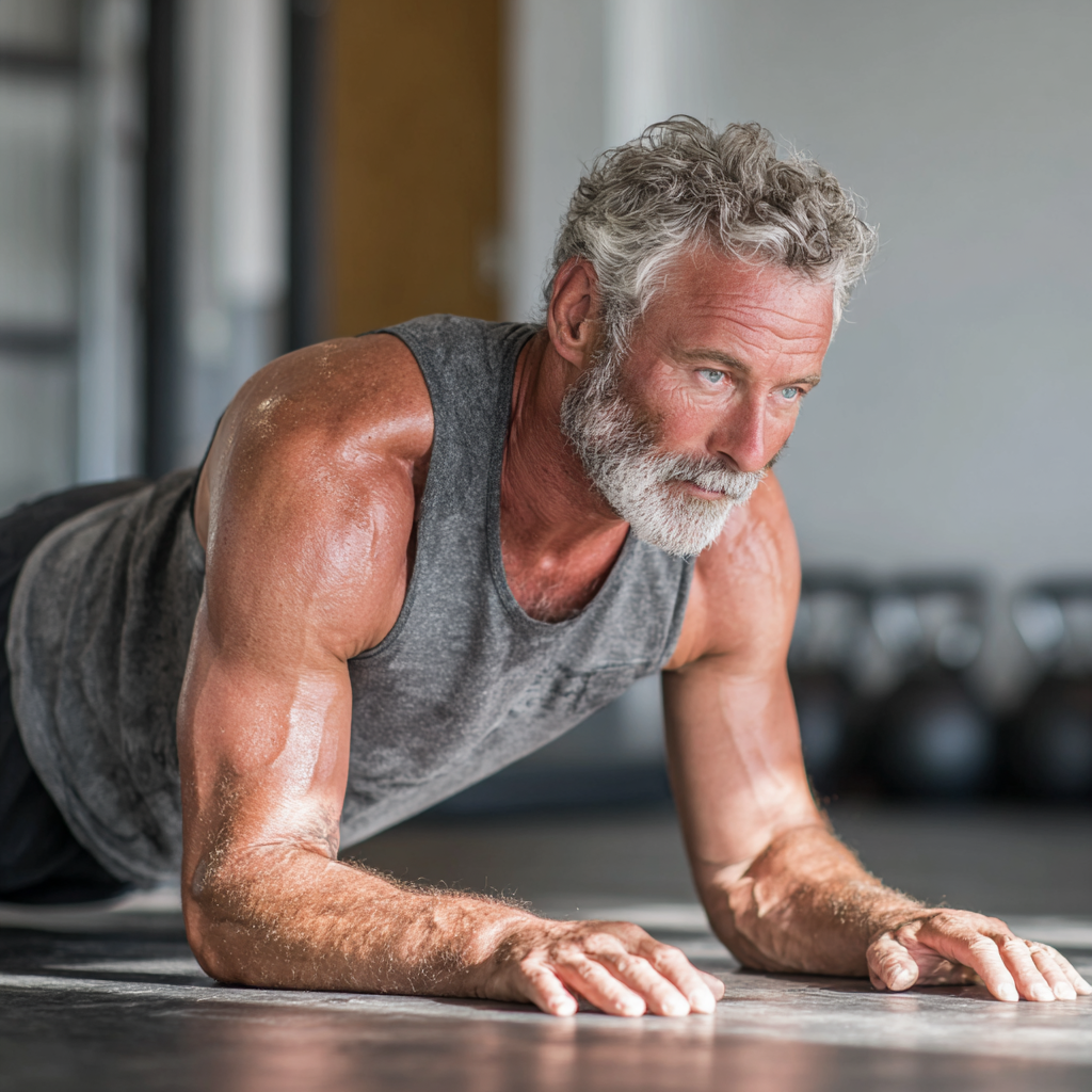 Професійний фітнес-тренер 60 років демонструє правильну постановку тіла під час виконання функціональних вправ у сучасному спортивному залі