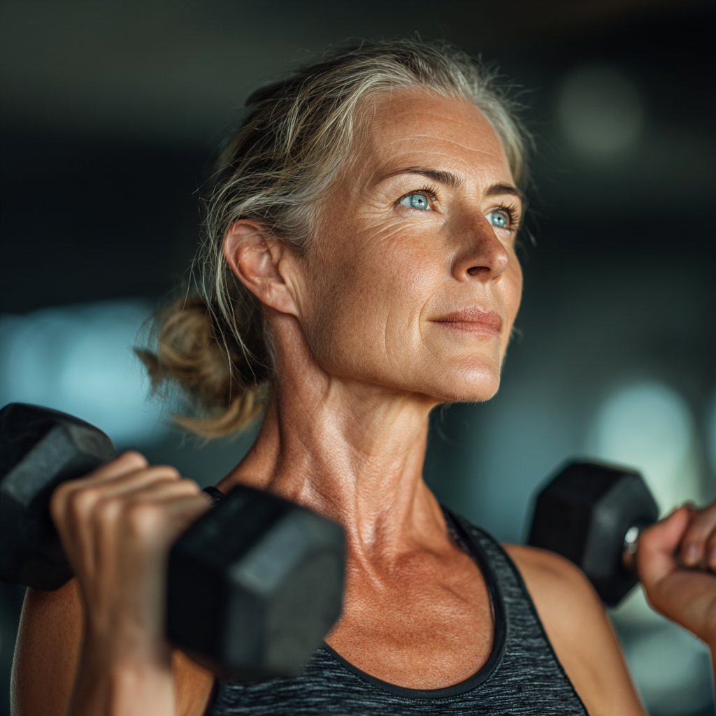 Активна жінка 55 років виконує силові вправи з гантелями у фітнес-залі, демонструючи правильну техніку та мотивацію до тренувань