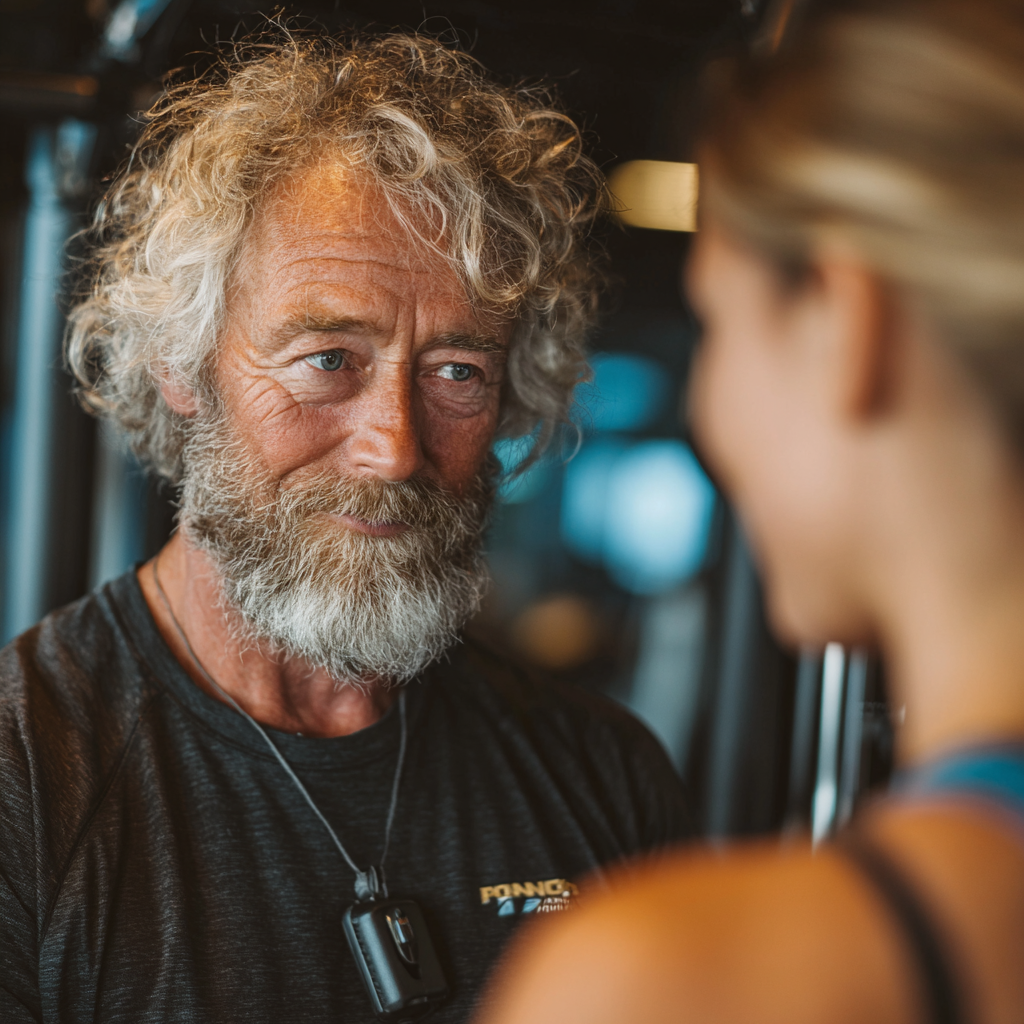 Досвідчений тренер 58 років консультує клієнта щодо правильної техніки виконання вправ, демонструючи індивідуальний підхід до тренувань